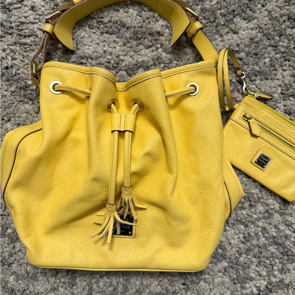 Dooney & Bourke Leather Drawstring Bucket Bag and Zip Around Wristlet Sun Flower